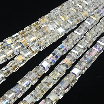 PandaHall Electroplate Glass Beads Strands, AB Color Plated, Faceted, Cube, Clear AB, 8x8x8mm, Hole: 1mm Glass Cube White
