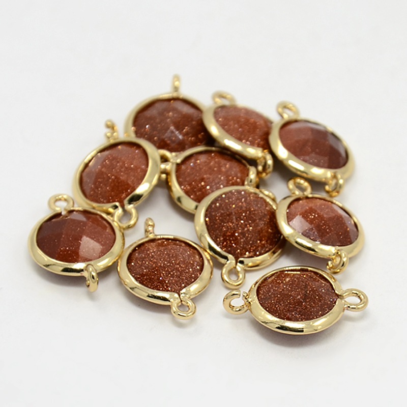 PandaHall Real Gold Plated Brass Synthetic Goldstone Links, Faceted Flat Round, 18x12x5mm, Hole: 1mm Goldstone Flat Round Brown