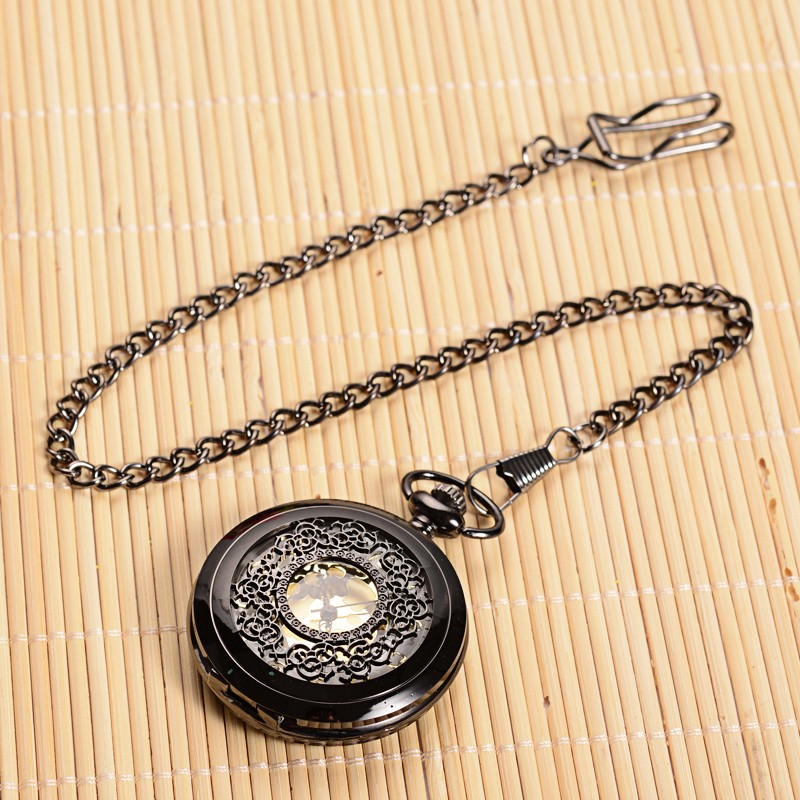PandaHall Openable Flat Round Alloy Pendant Pocket Watch, Quartz Watches, with Iron Chain, Gunmetal, 355mm; Watch Head: 59x47x14mm Alloy
