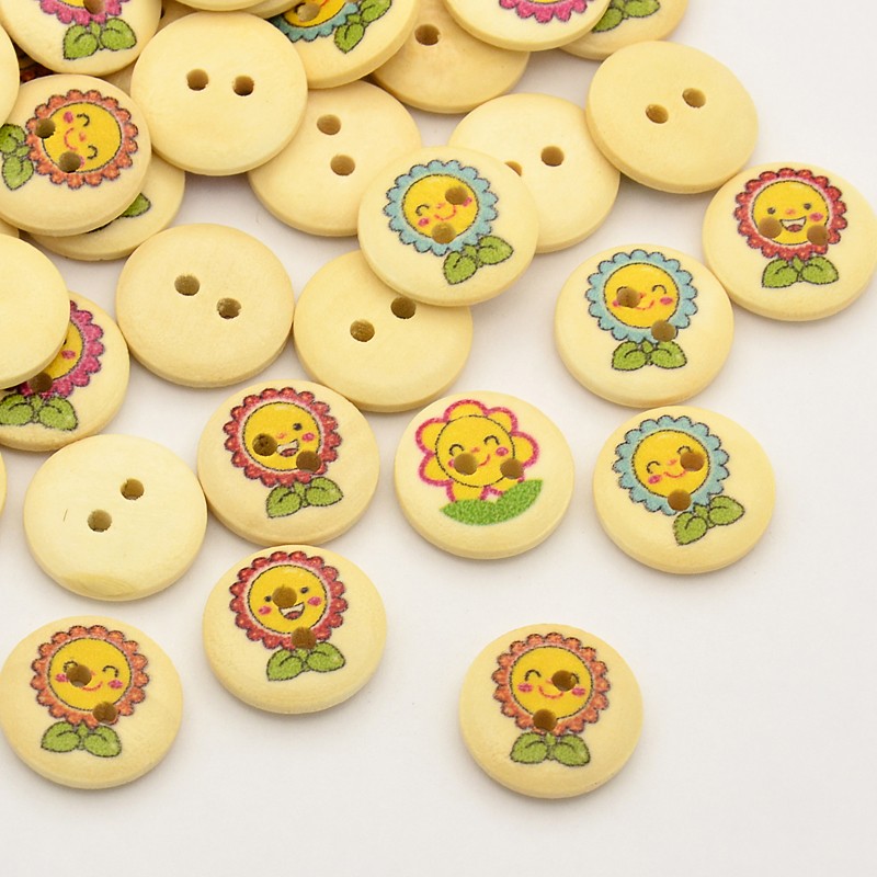 PandaHall Flat Round with Sunflower Dyed 2-Hole Printed Wooden Buttons, LemonChiffon, 15x3mm, Hole: 2mm Wood Flat Round Yellow