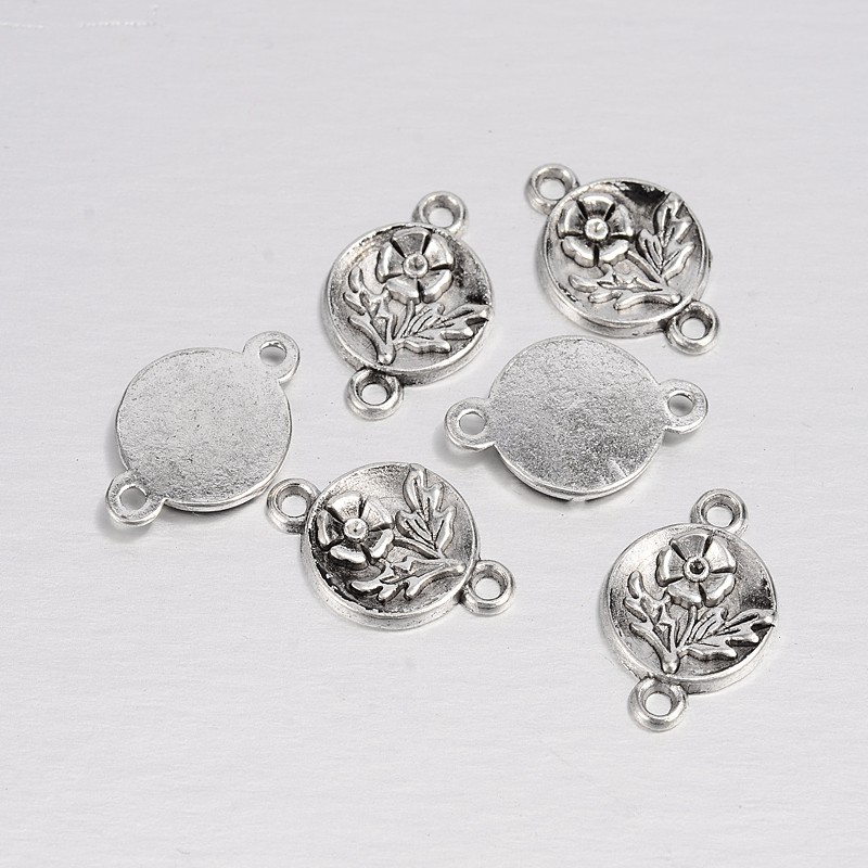 PandaHall Alloy Links, Lead Free and Cadmium Free, Antique Silver, Flat Round with Flower, about 17mm long, 11mm wide, 2mm thick, hole...