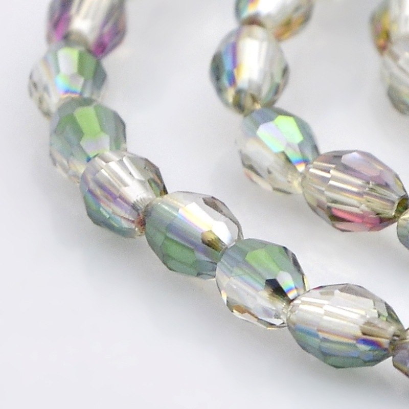 PandaHall Half Rainbow Plated Glass Faceted Rice Beads Strands, Clear, 6x4mm, Hole: 1mm; about 72pcs/strand, 16" Glass Rice Clear