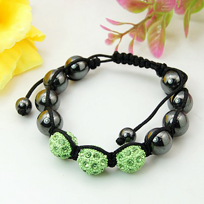 PandaHall Fashion Bracelets, with Alloy Rhinestone Beads and Hematite Beads, LawnGreen, 58mm Rhinestone Green