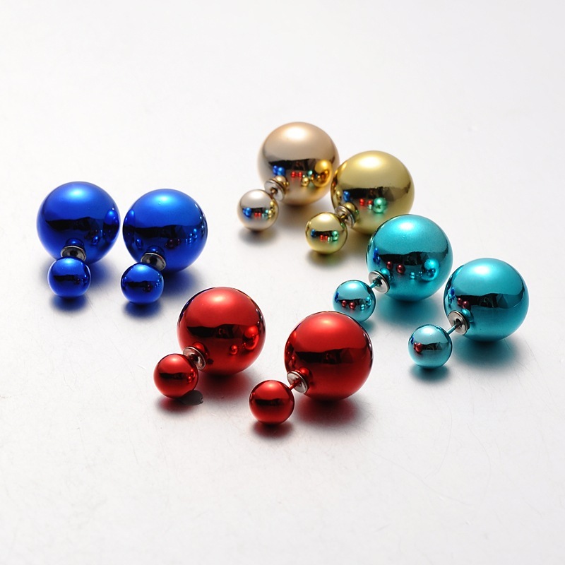PandaHall Electroplated Plastic Pearl Ball Stud Earrings, Mixed Color, 8~15.5mm, Pin: 0.8mm Plastic Multicolor