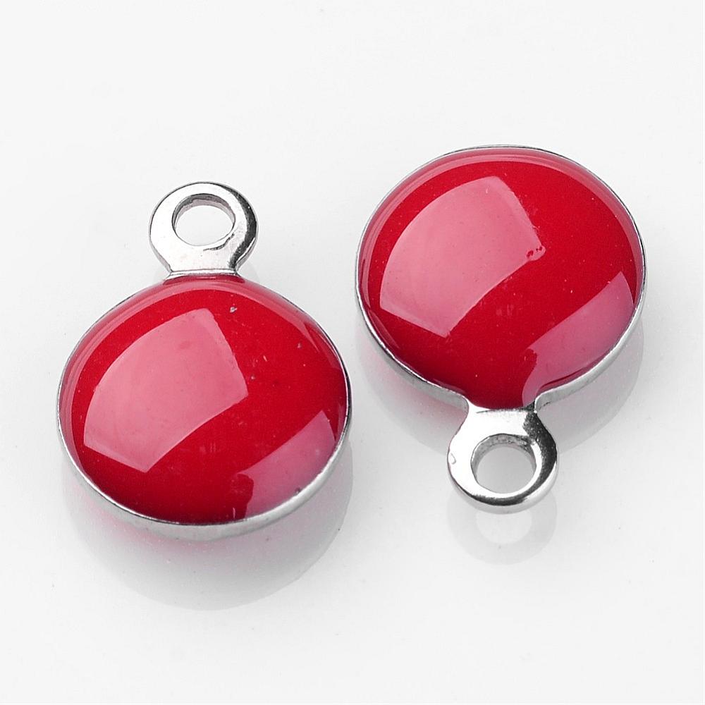 PandaHall Stainless Steel Enamel Charms, Flat Round, Red, 11x8x3mm, Hole: 1mm Stainless Steel+Enamel Flat Round Red