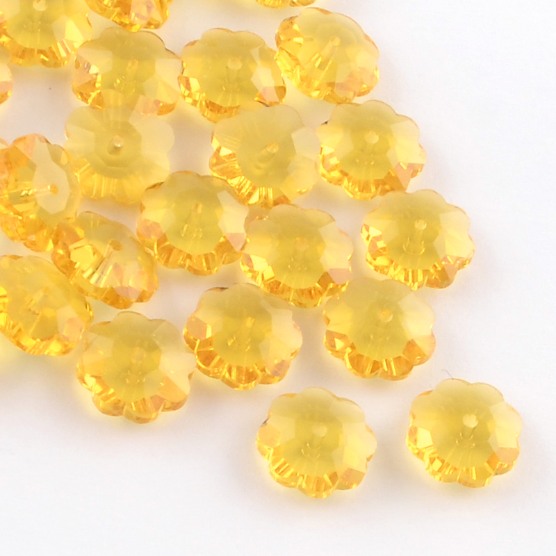 PandaHall Flower Transparent Glass Beads, Marguerite Beads, Faceted, Goldenrod, 9.5~10x4mm, Hole: 1mm Glass Flower Gold
