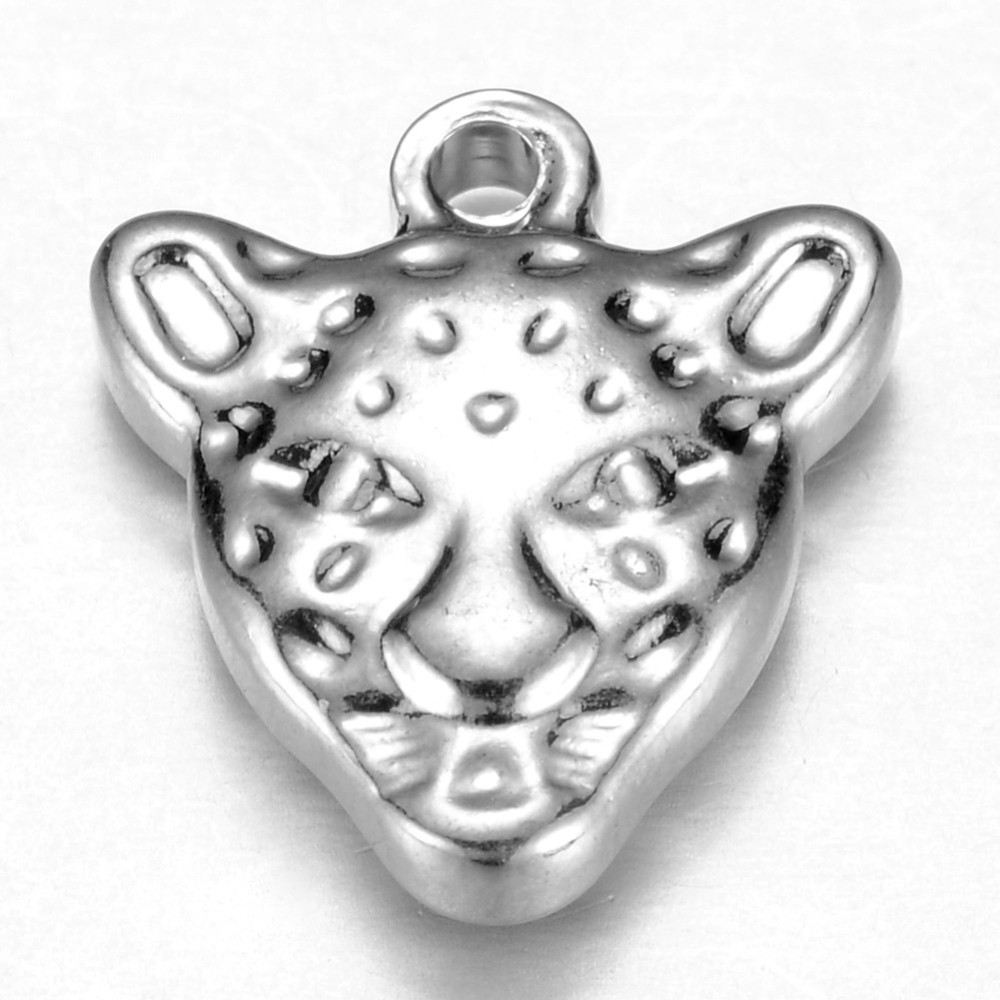 PandaHall 304 Stainless Steel Charms, Leopard Head, Stainless Steel Color, 14x12x3mm, Hole: 1mm Stainless Steel Leopard
