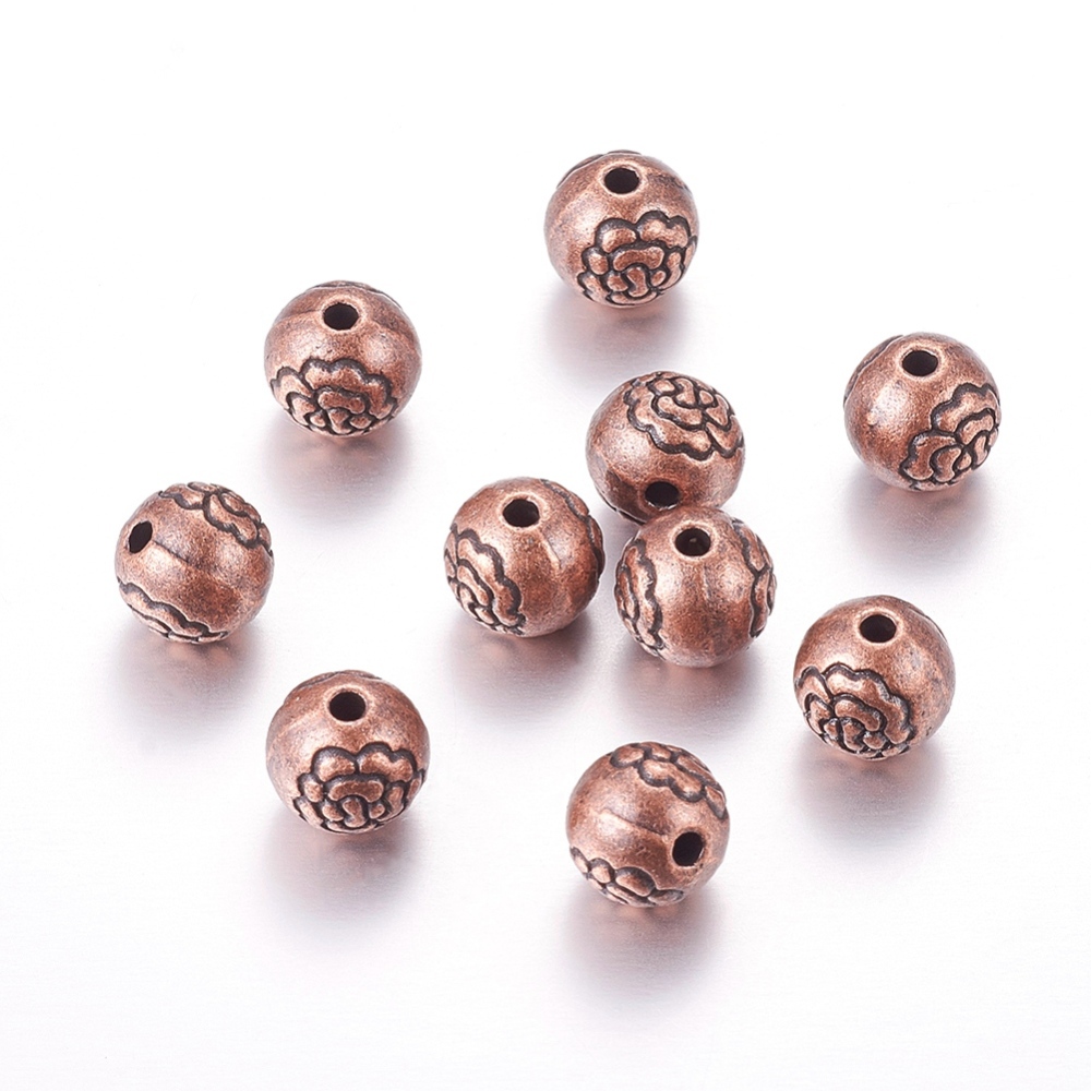 PandaHall Tibetan Style Alloy Beads, Lead Free and Nickel Free, Round, Red Copper, 8mm, Hole: 1mm Alloy Round