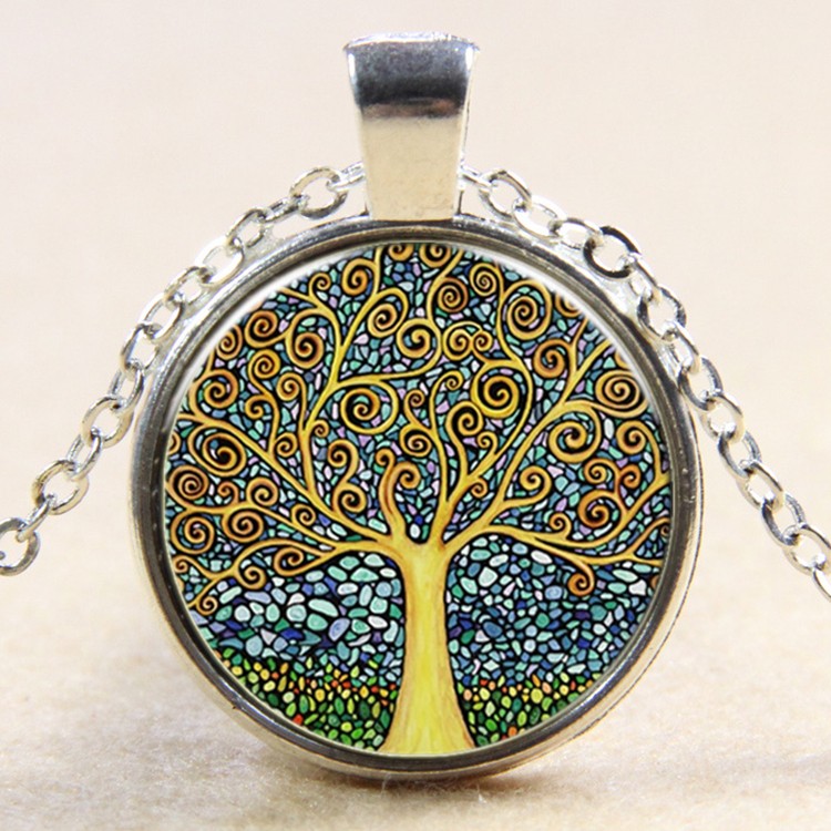 PandaHall Flat Round with Tree Glass Alloy Pendant Necklaces, Silver, 17.7" Glass