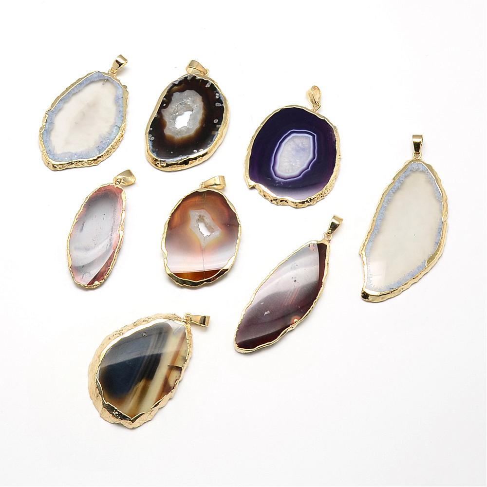 PandaHall Natural Agate Pendants, with Golden Tone Brass Findings, Dyed, Nuggets, Mixed Color, 41~63x17~34x2.5~4.5mm, Hole: 3.5x5.5mm...