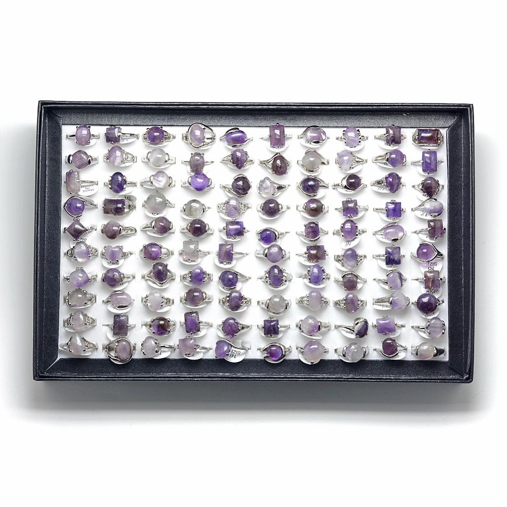 PandaHall Natural Amethyst Rings, with Alloy Findings, Mixed Size, 16~19mm; 100pcs/box Amethyst