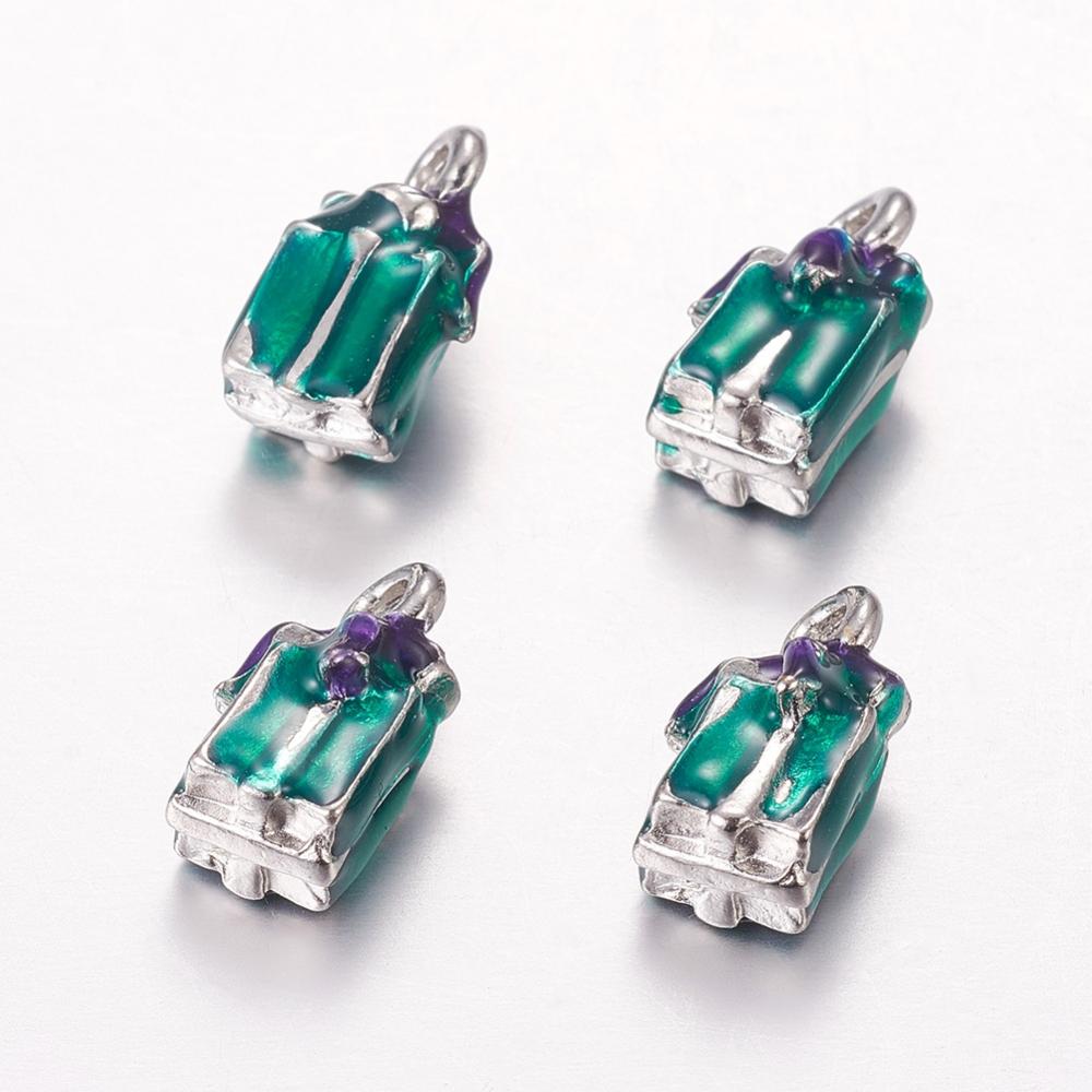 PandaHall Green Enamel Alloy Christmas Box Charms, about 7mm long, 7mm wide, 13mm thick, hole: 1.5mm Alloy+Enamel Box Green