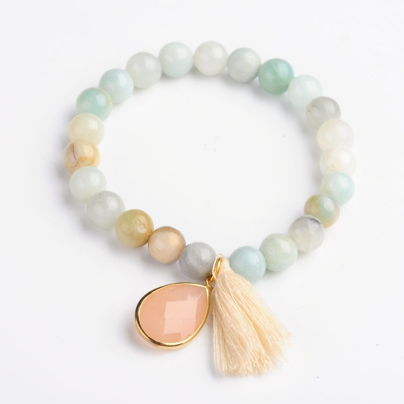 PandaHall Round Natural Amazonite Charm Bracelets, with Drop Glass Charms and Cotton Tassels, 58mm Amazonite