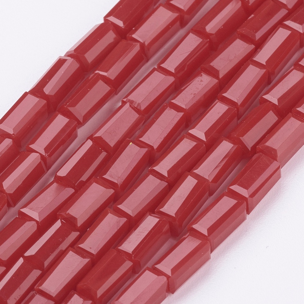 PandaHall Imitation Porcelain Glass Beads Strands, Faceted, Cuboid, FireBrick, 7x3x3mm, Hole: 1mm; about 59pcs/strand, 15" Glass Cuboid Red