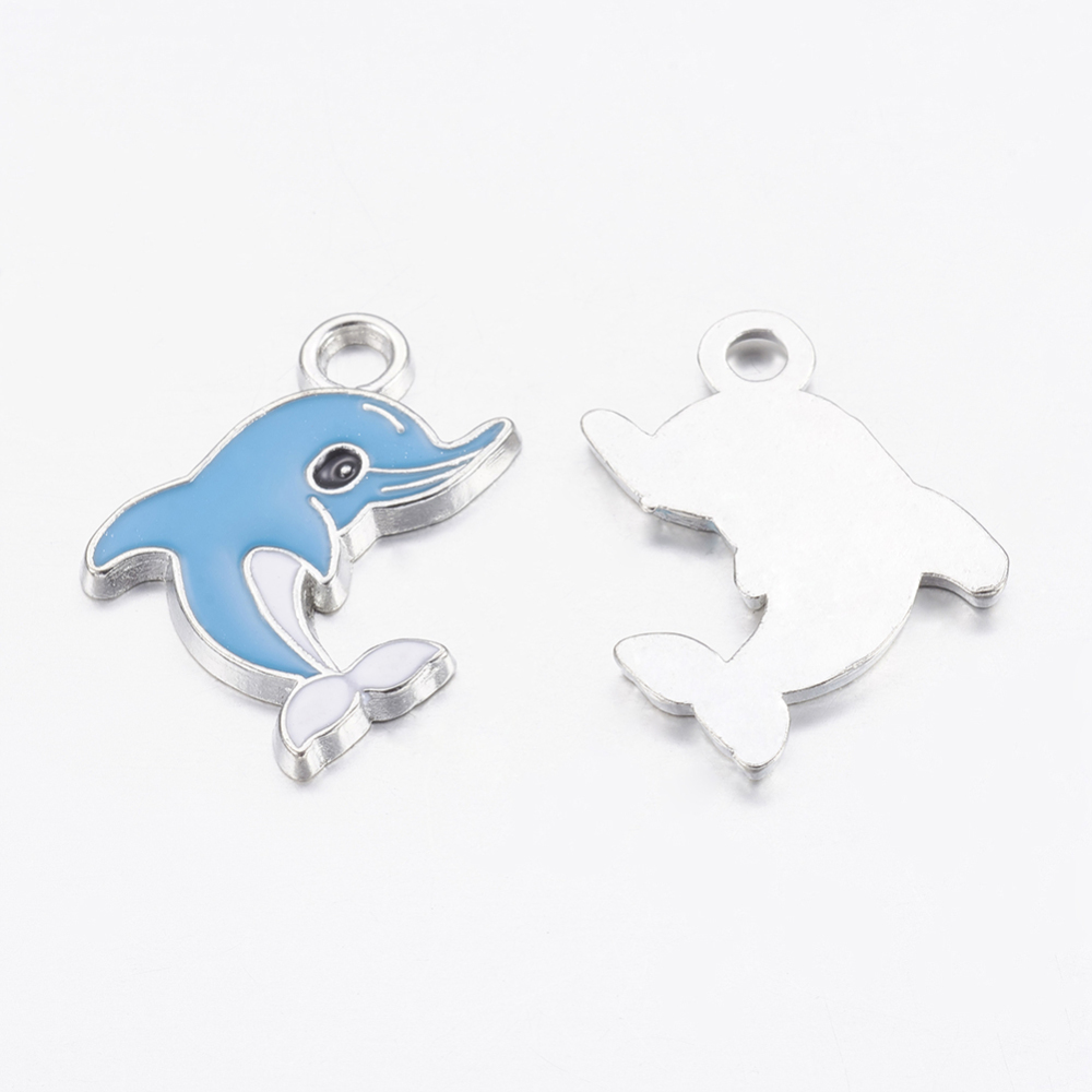 PandaHall Alloy Enamel Pendants, Dolphin, Platinum, DeepSkyBlue, about 26.5mm long, 20mm wide, 2mm thick, hole: 2.5mm Alloy+Enamel Dolphin...