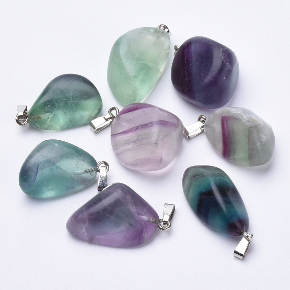 PandaHall Natural Fluorite Pendants, with Platinum Tone Alloy Finding, Nuggets, 26~32x15~22x10~16mm, Hole: 7x2mm Fluorite Nuggets