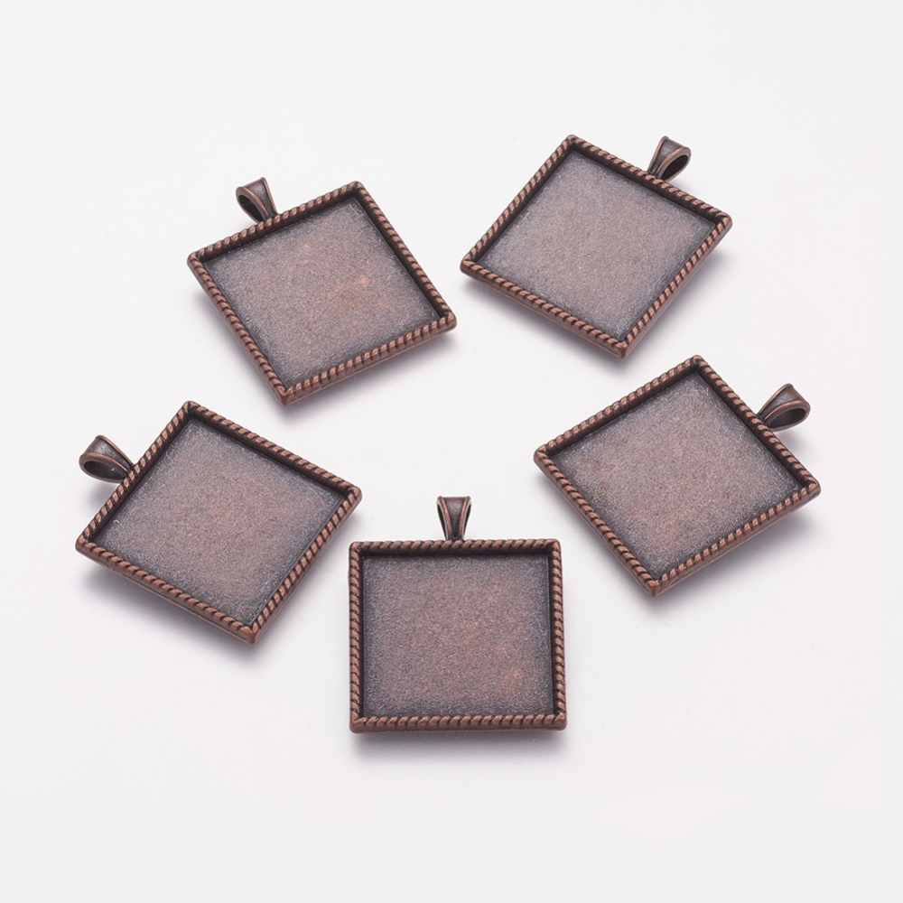 PandaHall Tibetan Style Pendant Cabochon Settings, Cadmium Free & Lead Free & Nickel Free, Square, Red Copper, 37x30x3mm, Tray:25x25mm, Hole...
