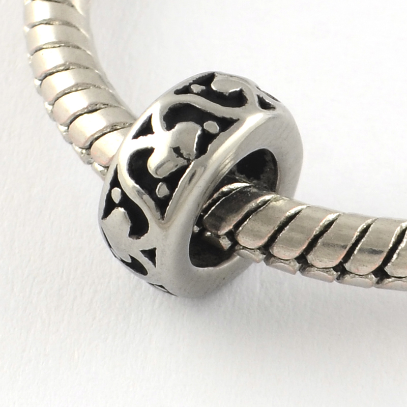 PandaHall Vintage Donut 316 Stainless Steel European Bead, Large Hole Beads, Antique Silver, 9x4mm, Hole: 5mm Stainless Steel Donut