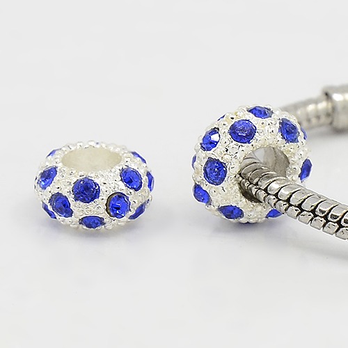 PandaHall Alloy Rhinestone European Beads, Large Hole Beads, Rondelle, Silver Metal Color, Sapphire, 11x6mm, Hole: 5mm Rondelle Blue
