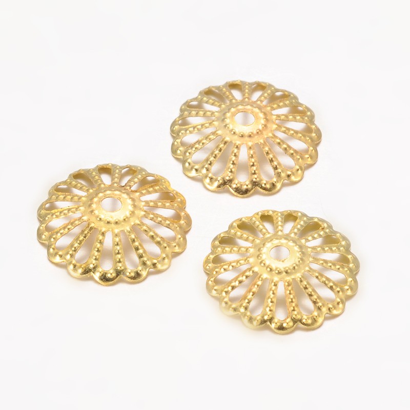 PandaHall Iron Bead Caps, Flower, Golden Color, about 13mm in diameter, 2mm thick, hole: 2mm Iron