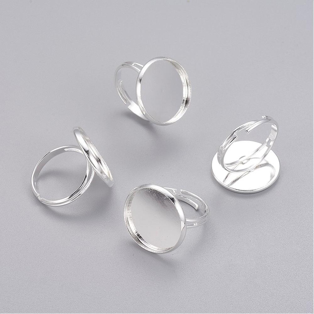 PandaHall Adjustable Brass Pad Ring Bases, Silver Color, Size: Ring: about 17mm inner diameter, Tray: 20mm in diameter, inner round: 18mm...