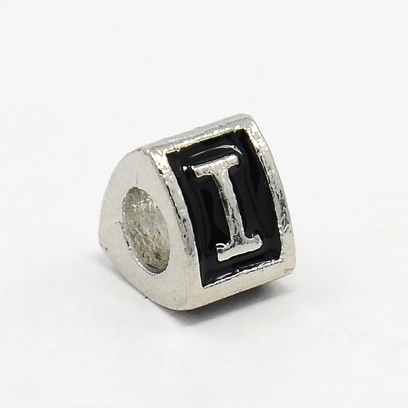 PandaHall Platinum Tone Zine Alloy Enamel European Beads, Large Hole Triangle Beads with Letter.I, 9x9x7mm, Hole: 5mm Alloy+Enamel Triangle...