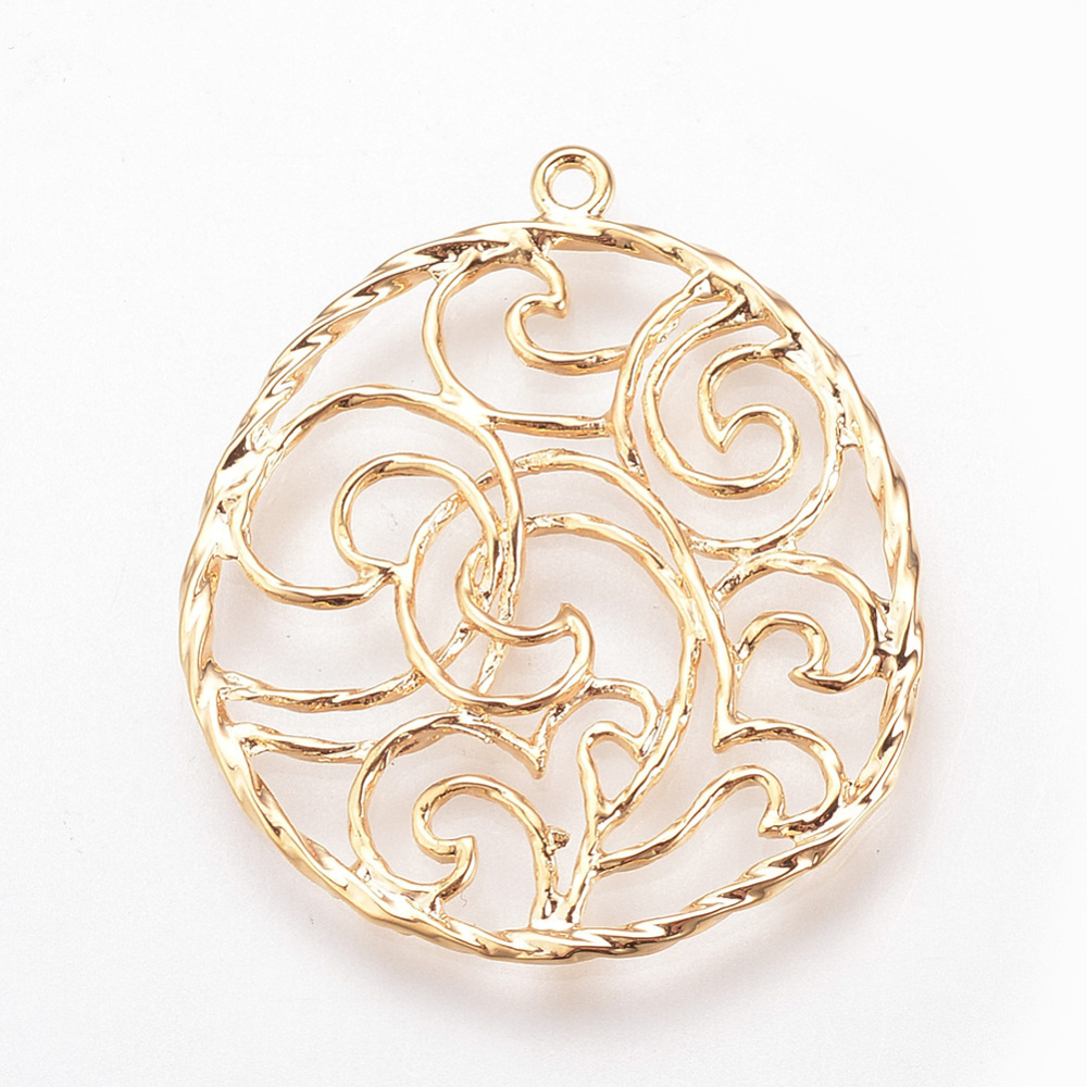 PandaHall Brass Pendants, Hollow Flat Round, Real Gold Plated, 27~29x25.5x1.5mm, Hole: 1.5mm Brass Flat Round