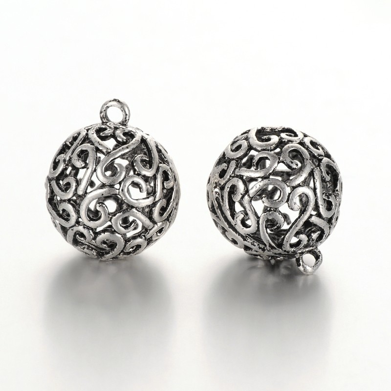 PandaHall Brass Filigree Hollow Round Charms, Antique Silver, 16x14x13mm, Hole: 1.5mm Brass Round