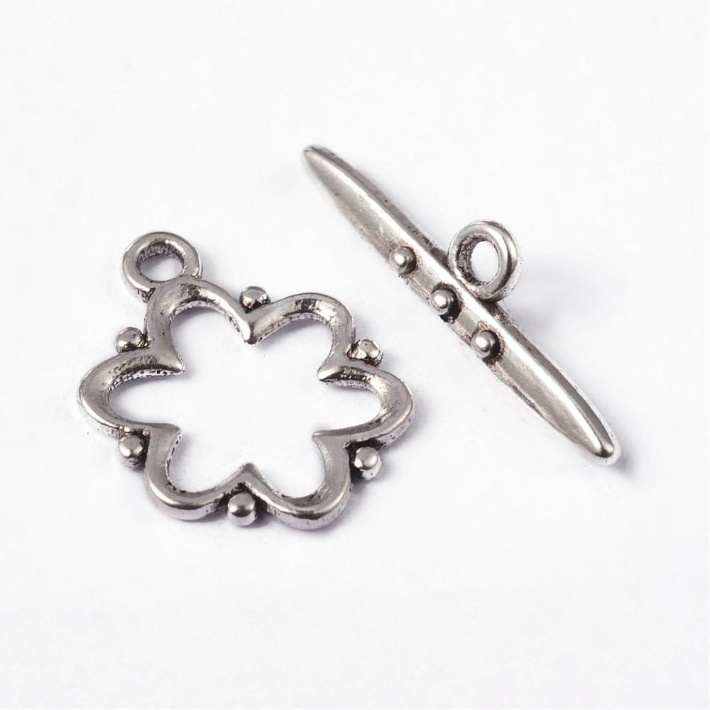 PandaHall Antique Silver Tone Alloy Toggle Clasps, Lead Free and Cadmium Free, Flower: 19x15x1.5mm, hole: 2mm. Bar: 24x6x4mm, hole: 2mm...