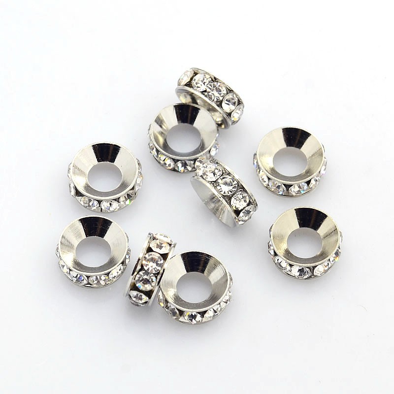 PandaHall Brass Rhinestone Spacer Beads, Grade A, Rondelle, White, Nickel Metal Color, Size: about 10mm in diameter, 4mm thick, hole: 4mm...