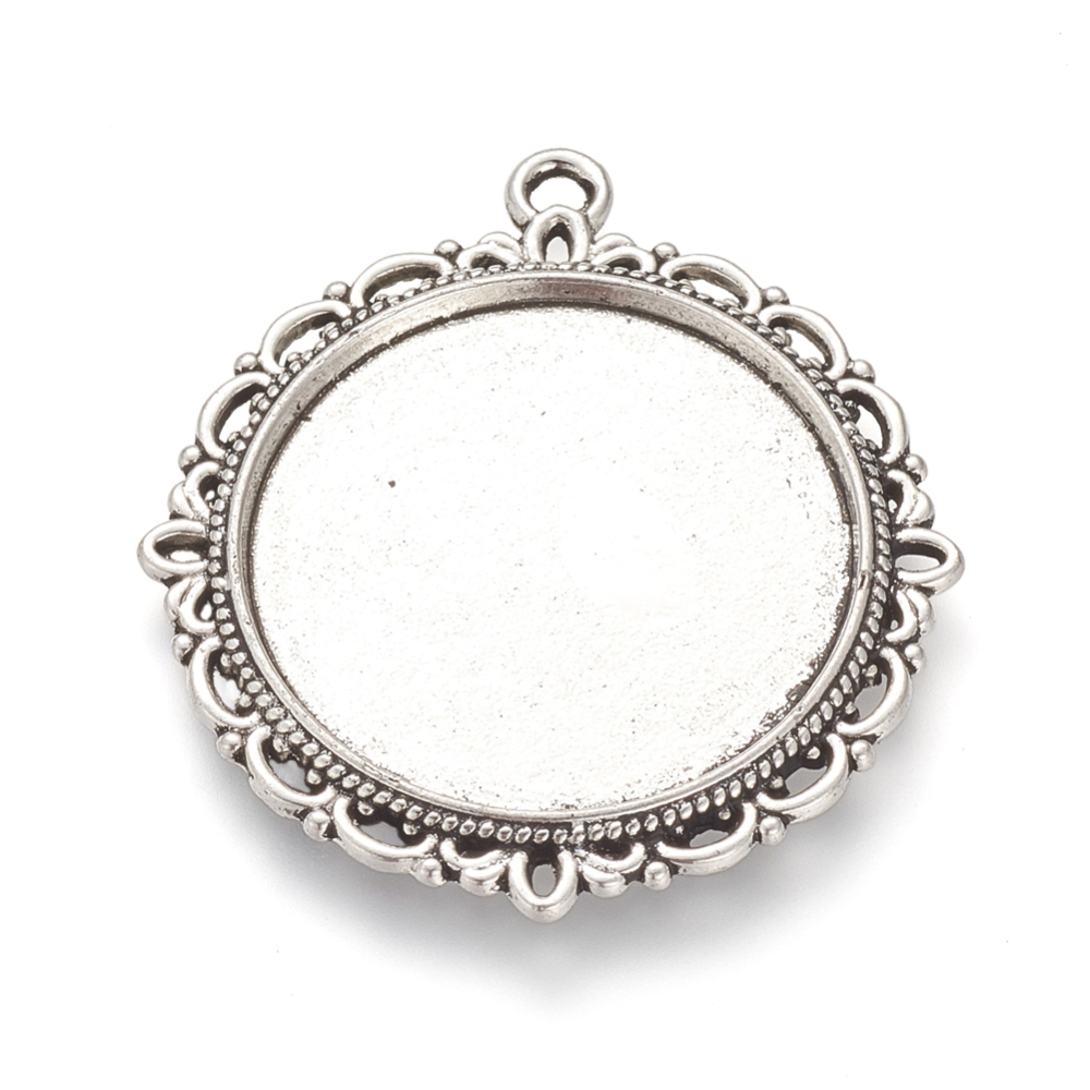 PandaHall Tibetan Style Alloy Pendant Cabochon Settings, Flat Round, Cadmium Free & Lead Free, Antique Silver, Tray: 25mm; 37x34x2mm, Hole...