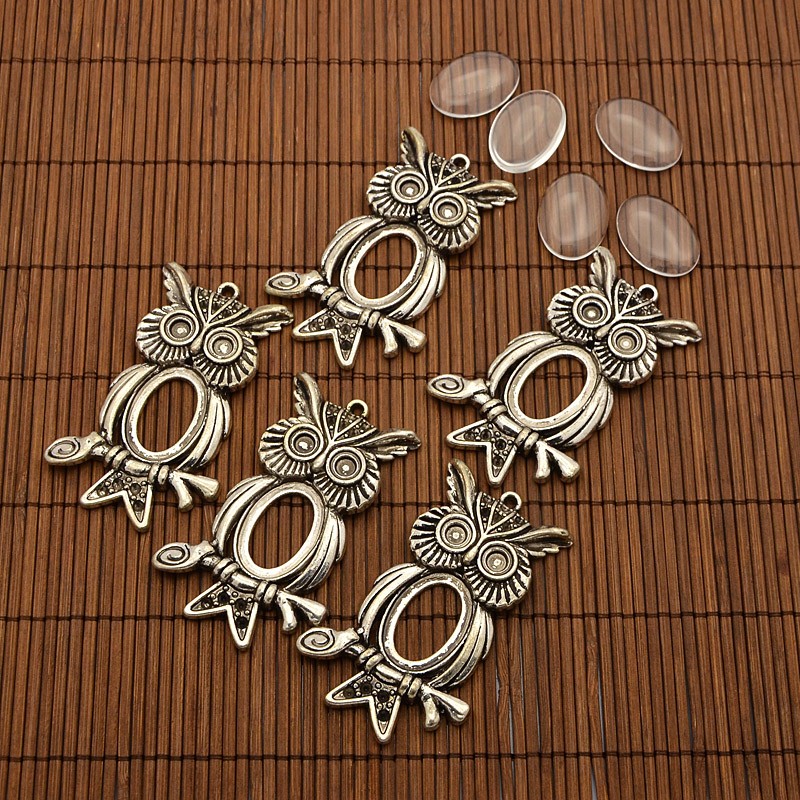 PandaHall 25x18mm Transparent Glass Cabochons and Tibetan Style Big Owl Pendant Cabochon Settings for Halloween, Cadmium Free & Nickel Free...