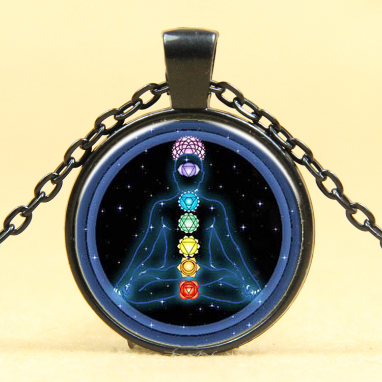 PandaHall Glass Pendant Necklaces, with Alloy Chains, Flat Round with Chakra, Gunmetal, 18" Glass Blue