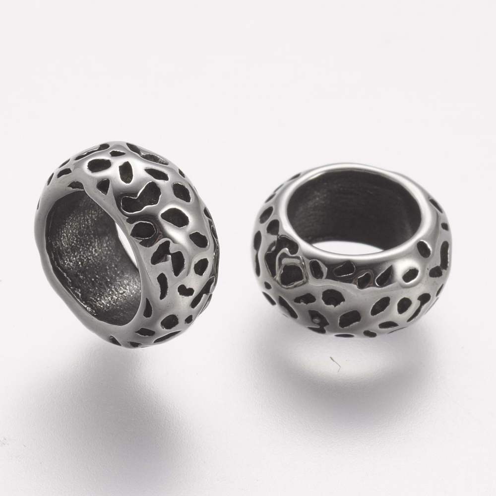 PandaHall 304 Stainless Steel Spacer Beads, Rondelle, Large Hole Beads, Antique Silver, 10x5mm, Hole: 6.5mm Stainless Steel Rondelle