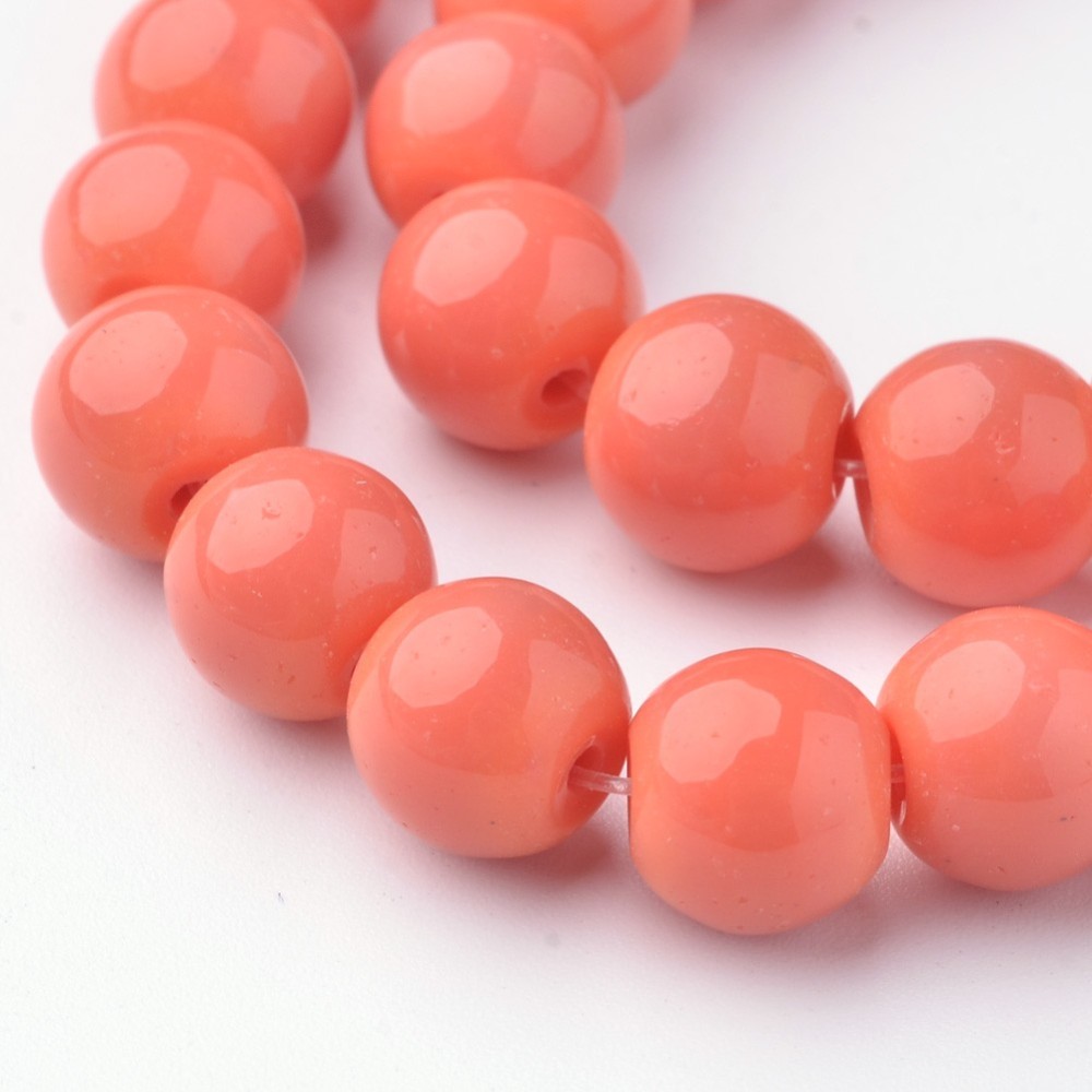 PandaHall Glass Beads Strands, Round, Dyed, Salmon, 8mm, Hole: 1mm; about 36pcs/strand, 10.4" Glass Round Red
