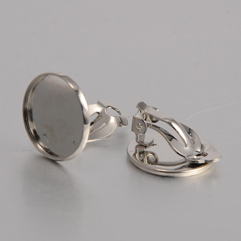 PandaHall Brass Clip-on Earring Cabochon Setting, for Non-Pierced Ears, Platinum, Tray: 16mm; 21x18x9mm Brass
