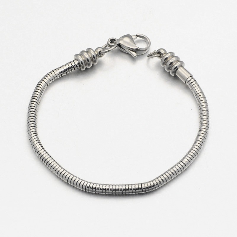 PandaHall 304 Stainless Steel European Snake Chains Bracelets, with Lobster Claw Clasp and Heart Charms, Stainless Steel Color, 190x3mm...
