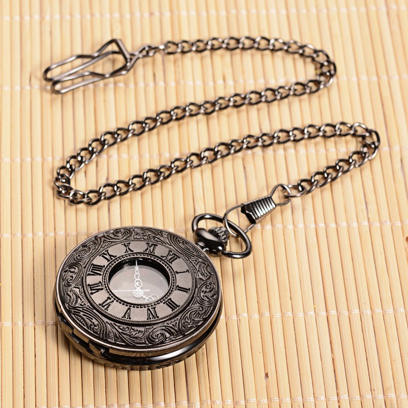 PandaHall Openable Flat Round Alloy Pendant Pocket Watch, Quartz Watches, with Iron Chain, Gunmetal, 355mm; Watch Head: 59x47x14mm Alloy