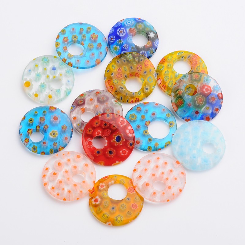 PandaHall Flat Round Handmade Millefiori Glass Pendants, Mixed Color, 25x3~5mm, Hole: 6~8mm Millefiori Lampwork Flat Round Multicolor