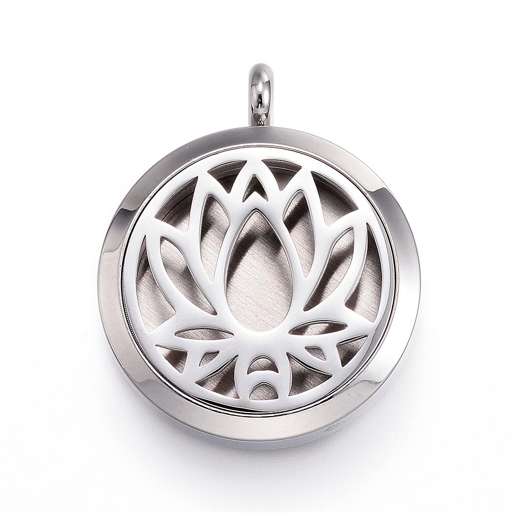 PandaHall 316 Stainless Steel Diffuser Locket Pendants, with Perfume Pad and Magnetic Clasps, Flat Round with Lotus, Stainless Steel Color...