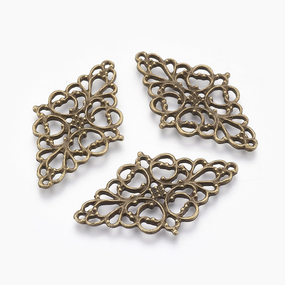 PandaHall Alloy Links, Filigree Joiners, Lead Free and Nickel Free, Rhombus, Antique Bronze, 47x27x2mm, Hole: 1.5mm Alloy Rhombus