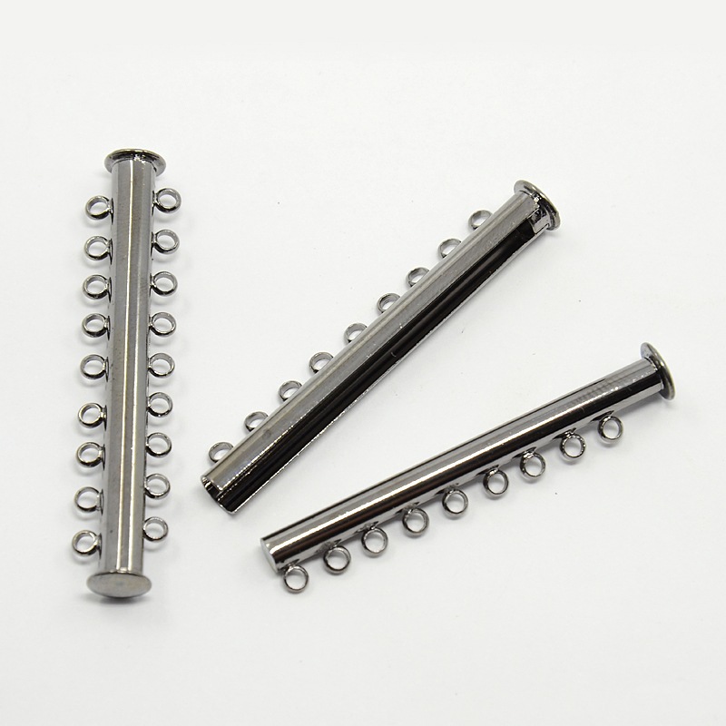 PandaHall 9-strands Brass Slide Lock Clasps, for Multi-strand Jewelry, 18 Holes, Gunmetal, 50x7mm, Hole: 2mm Brass