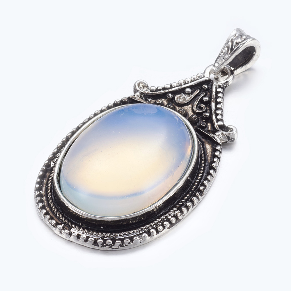 PandaHall Opalite Big Pendants, with Alloy Findings, Antique Silver Color, Oval, White, Size: about 29mm wide, 56mm long, 11mm thick, hole...