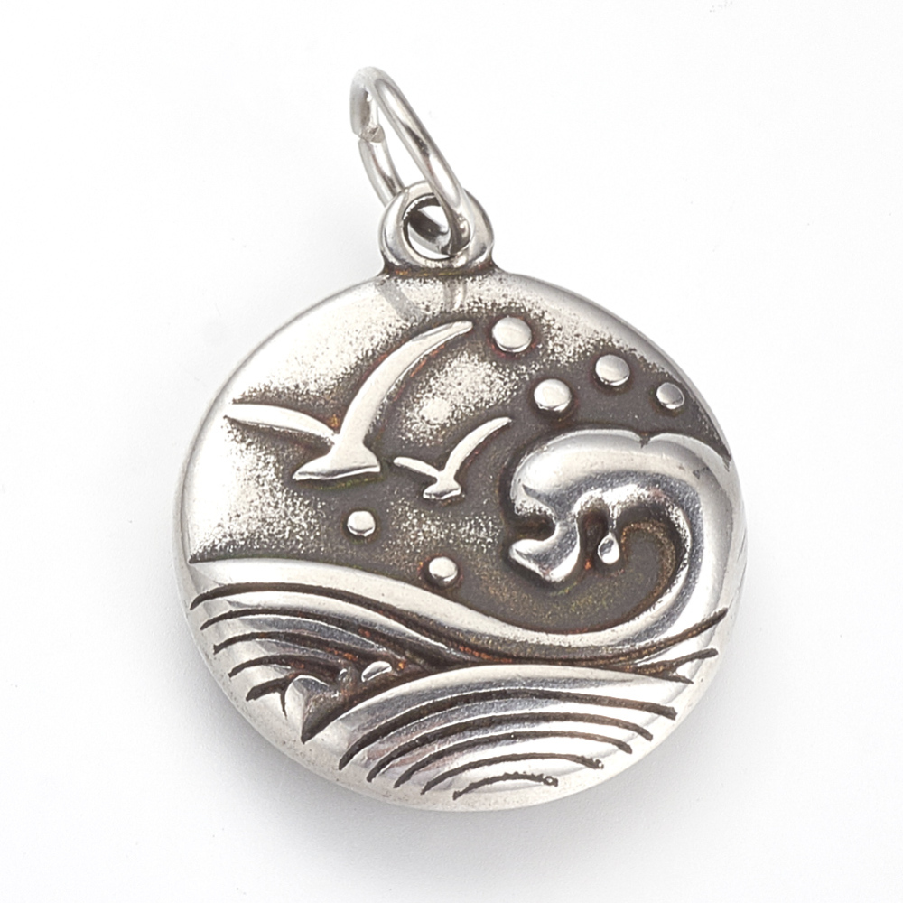 PandaHall 316 Stainless Steel Pendants, Flat Round, Carved Pattern, Antique Silver, 29x20x3mm, Hole: 5mm(including jump ring) Stainless...