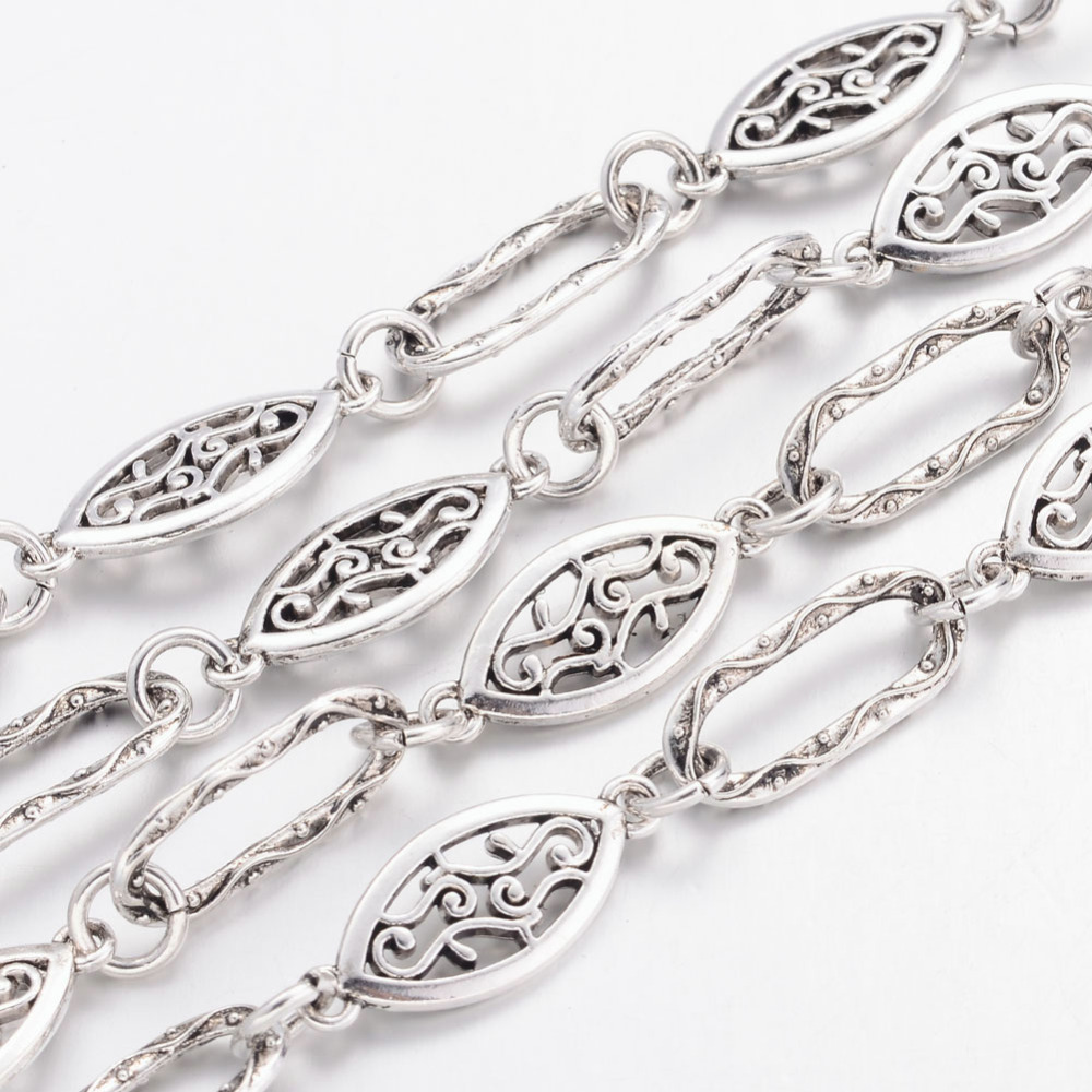 PandaHall Handmade Alloy Chains, Antique Silver, 10.5x25mm; 21x9mm; 7mm; 1m/strand Alloy