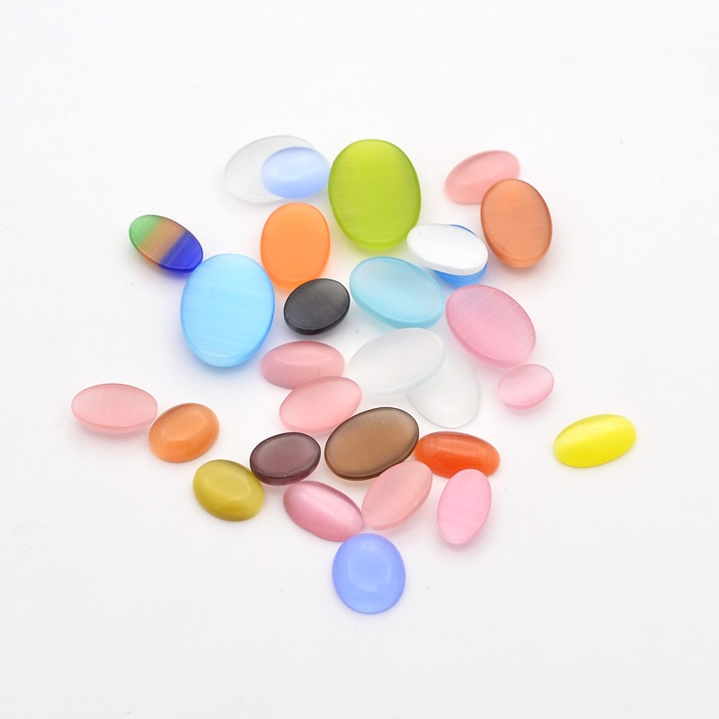 PandaHall Mixed Oval Cat Eye Cabochons, Mixed Color, 7.5~18x6~13x2~5mm, about 200g/bag Glass Oval Multicolor