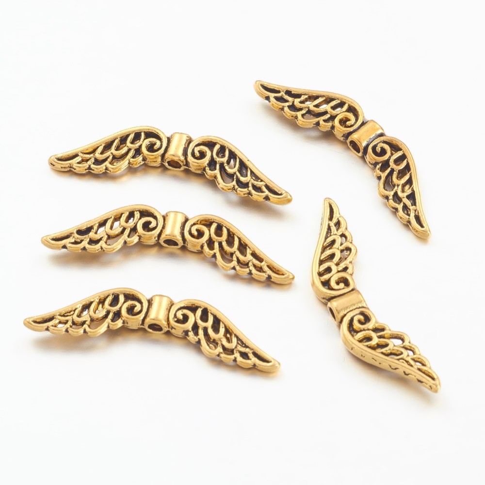 PandaHall Tibetan Silver Beads, Lead Free & Cadmium Free, Wing, Antique Golden Color, about 32mm long, 6mm wide, 2.5mm thick, hole...