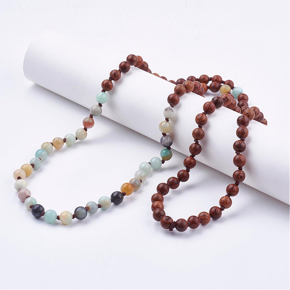 PandaHall Natural Amazonite Beaded Necklaces, with Wood Beads, Tiered Necklaces, 40.94"(104cm) Amazonite