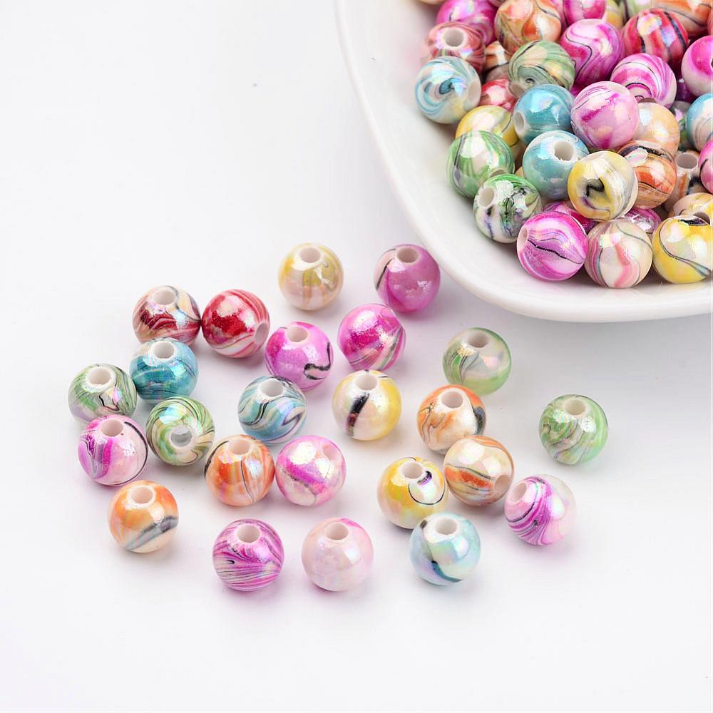 PandaHall AB Color Wave Printed Acrylic Beads, Round, Mixed Color, 8mm, Hole: 2mm; about 1800pcs/500g Acrylic Round Multicolor