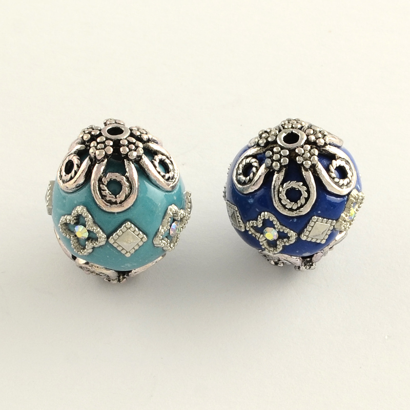 PandaHall Round Handmade Rhinestone Indonesia Beads, with Antique Silver Plated Alloy Cores, Mixed Color, 19~20x21~24mm, Hole: 2.5mm Polymer...